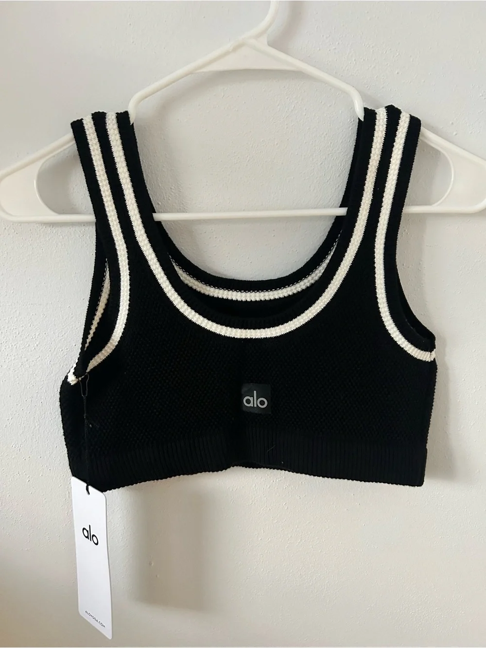 ALO Yoga Black Knit Crop Tank with White Stripe Trim